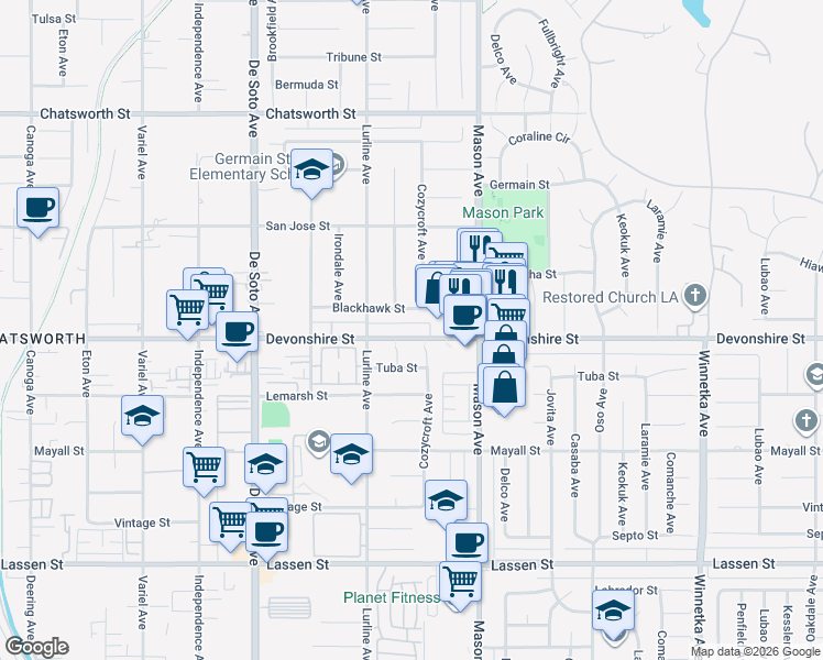 map of restaurants, bars, coffee shops, grocery stores, and more near 20611 Devonshire Street in Los Angeles