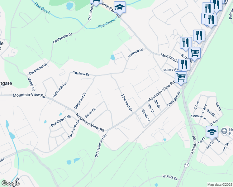 map of restaurants, bars, coffee shops, grocery stores, and more near 2843 Pinecrest Drive in Gainesville