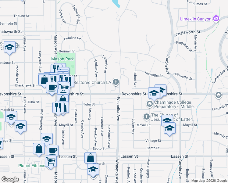 map of restaurants, bars, coffee shops, grocery stores, and more near 20121 Devonshire Street in Los Angeles