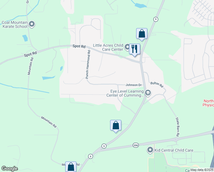 map of restaurants, bars, coffee shops, grocery stores, and more near 2560 Hammond Drive in Cumming