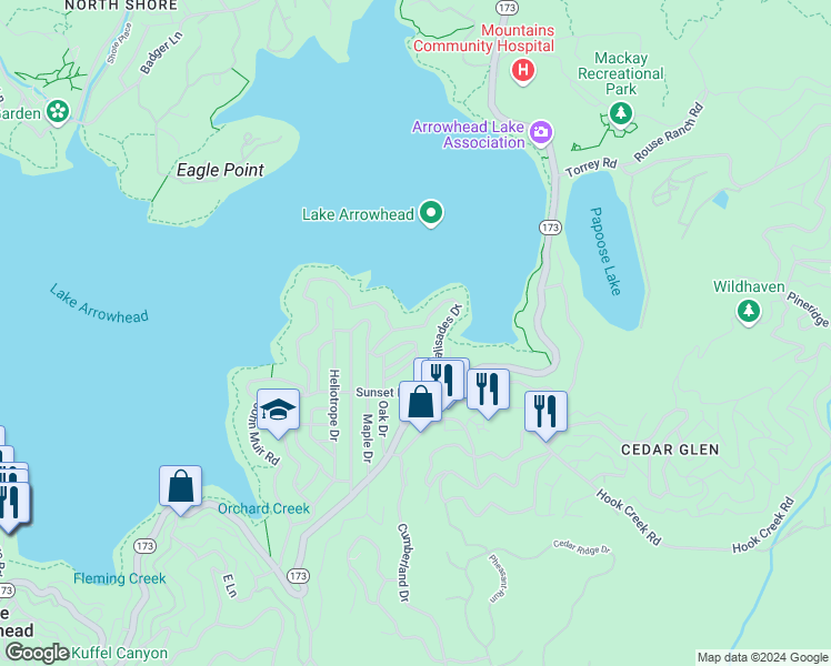 map of restaurants, bars, coffee shops, grocery stores, and more near 28901 Palisades Drive in Lake Arrowhead