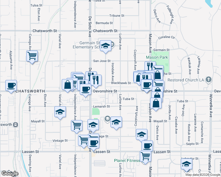 map of restaurants, bars, coffee shops, grocery stores, and more near 20726 Devonshire Street in Los Angeles