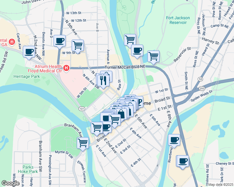 map of restaurants, bars, coffee shops, grocery stores, and more near 200 North 4th Avenue Southwest in Rome