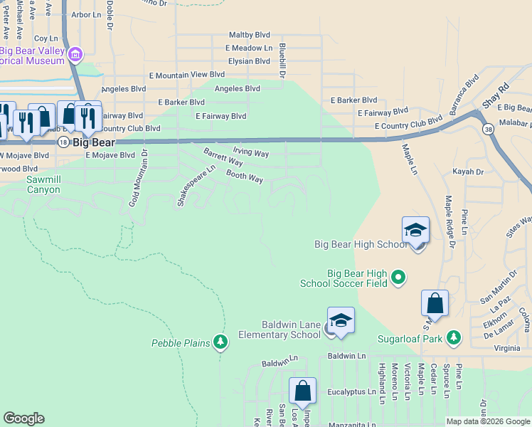 map of restaurants, bars, coffee shops, grocery stores, and more near 525 Marlowe Drive in Big Bear Lake