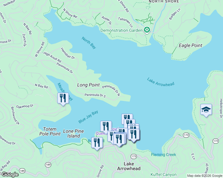 map of restaurants, bars, coffee shops, grocery stores, and more near 28027 Peninsula Drive South in Lake Arrowhead