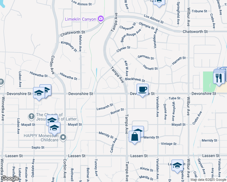 map of restaurants, bars, coffee shops, grocery stores, and more near 19405 Hiawatha Street in Los Angeles