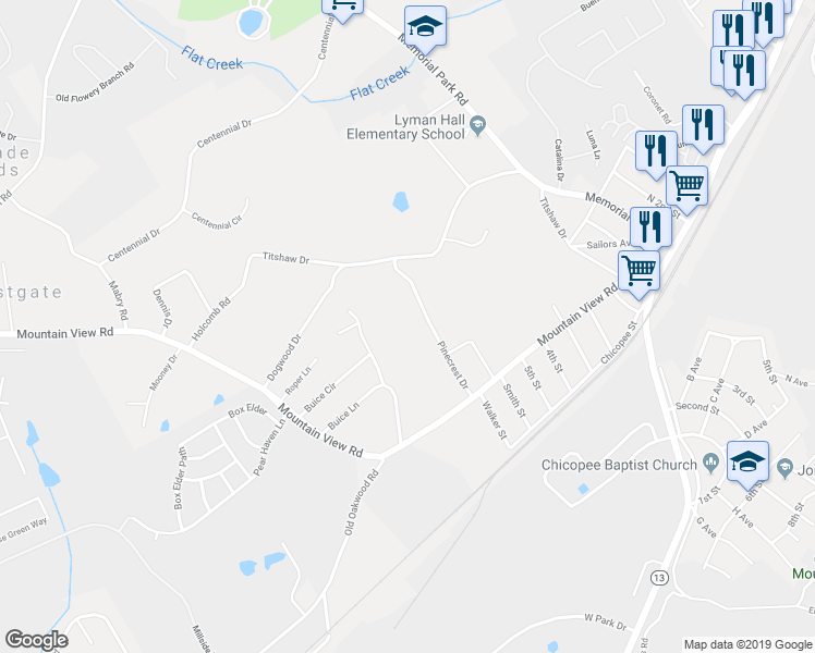 map of restaurants, bars, coffee shops, grocery stores, and more near 2843 Pinecrest Drive in Gainesville