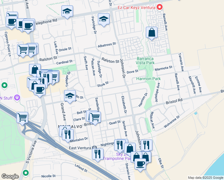 map of restaurants, bars, coffee shops, grocery stores, and more near 6598 Swan Street in Ventura