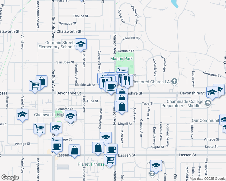 map of restaurants, bars, coffee shops, grocery stores, and more near 20478-20488 Devonshire Street in Los Angeles