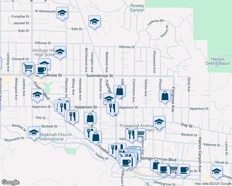 map of restaurants, bars, coffee shops, grocery stores, and more near 10358 Las Lunitas Avenue in Los Angeles