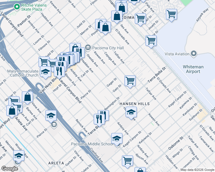 map of restaurants, bars, coffee shops, grocery stores, and more near 13410 Gager Street in Los Angeles