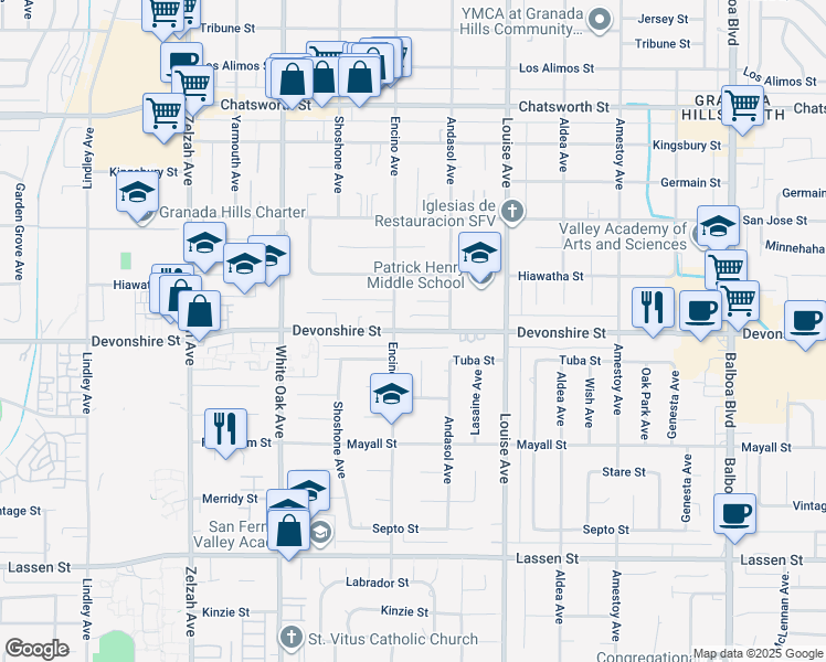 map of restaurants, bars, coffee shops, grocery stores, and more near 10246 Encino Avenue in Los Angeles