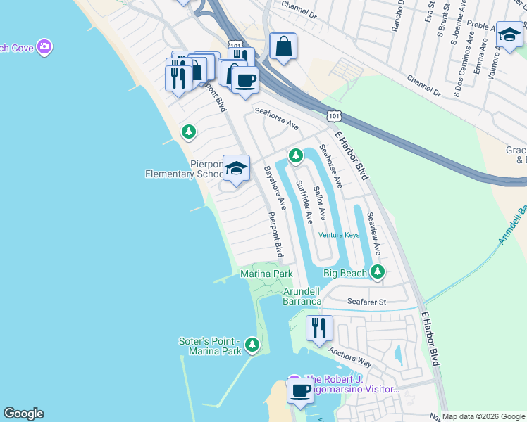 map of restaurants, bars, coffee shops, grocery stores, and more near 2801 Pierpont Boulevard in Ventura