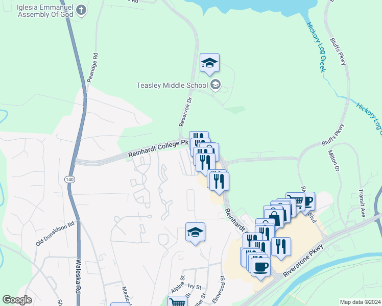 map of restaurants, bars, coffee shops, grocery stores, and more near 134 Riverstone Commons Circle in Canton