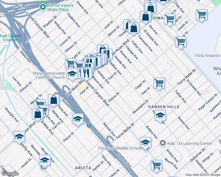 map of restaurants, bars, coffee shops, grocery stores, and more near 10315 Amboy Avenue in Los Angeles