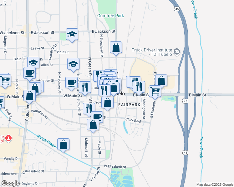 map of restaurants, bars, coffee shops, grocery stores, and more near in Tupelo
