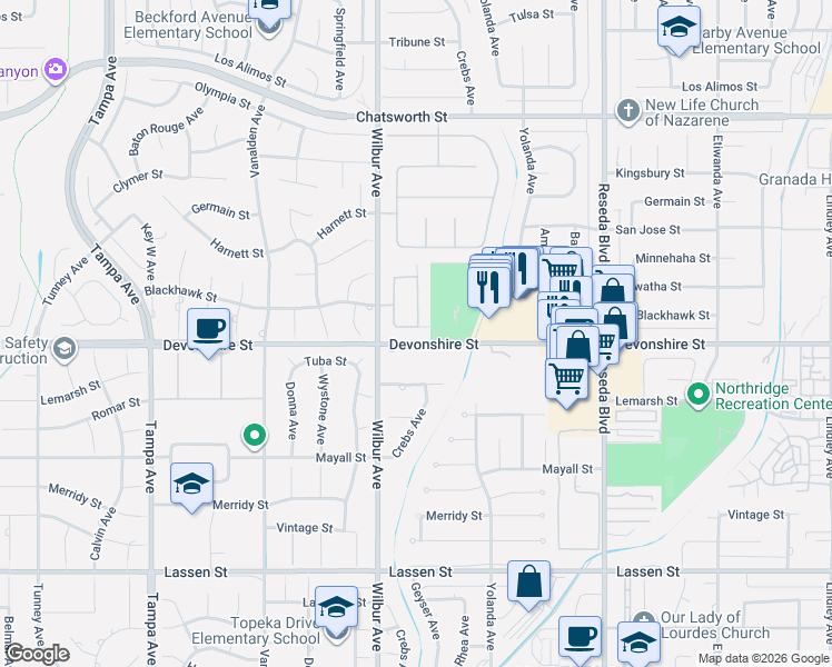 map of restaurants, bars, coffee shops, grocery stores, and more near 18820 Devonshire Street in Los Angeles