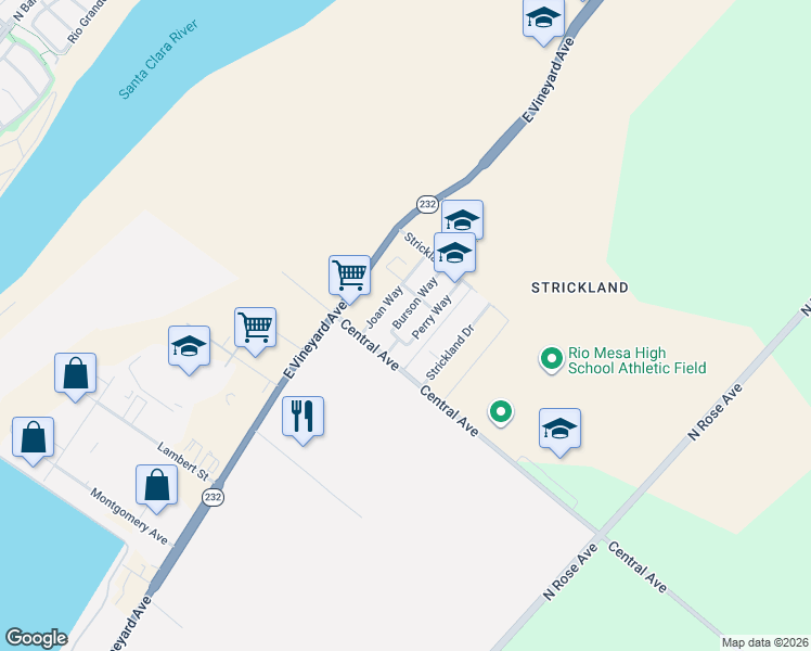 map of restaurants, bars, coffee shops, grocery stores, and more near 4719 Burson Way in Oxnard