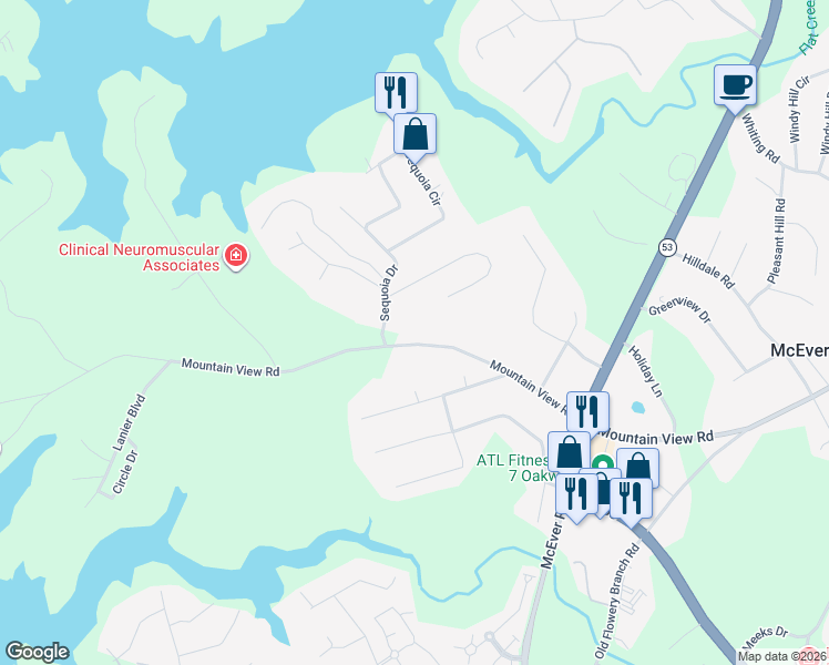 map of restaurants, bars, coffee shops, grocery stores, and more near 4255 Mountain View Road in Oakwood