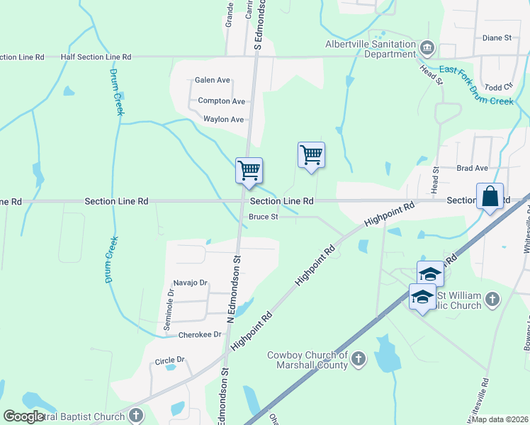 map of restaurants, bars, coffee shops, grocery stores, and more near 1108 Bruce Street in Albertville