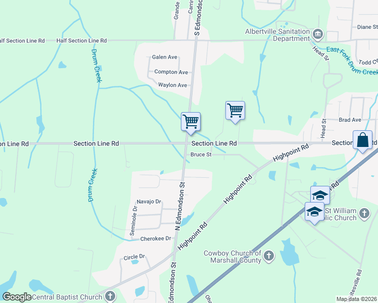 map of restaurants, bars, coffee shops, grocery stores, and more near 1108 Bruce Street in Albertville