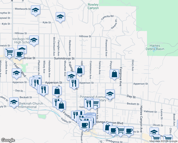 map of restaurants, bars, coffee shops, grocery stores, and more near 10330 Commerce Avenue in Los Angeles