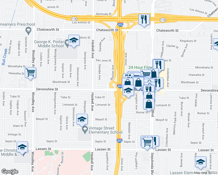 map of restaurants, bars, coffee shops, grocery stores, and more near 15657 Devonshire Street in Los Angeles
