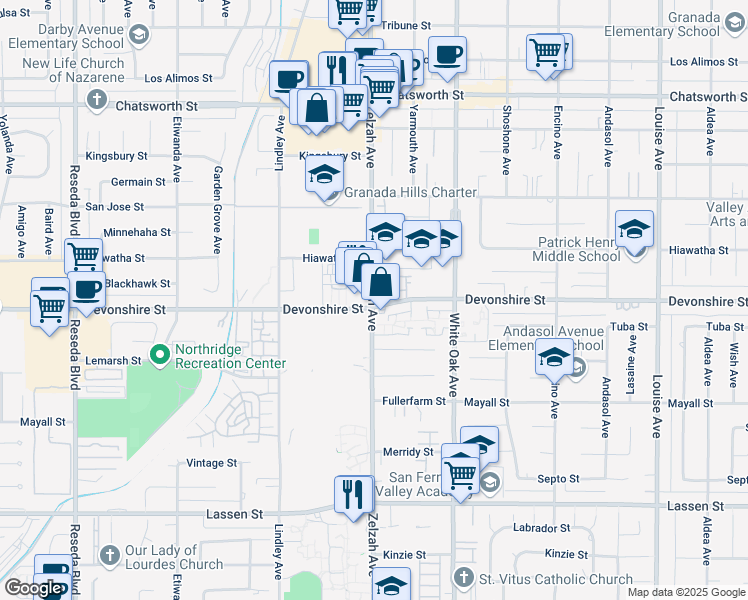 map of restaurants, bars, coffee shops, grocery stores, and more near Devonshire St & Zelzah Ave in Los Angeles