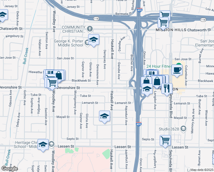 map of restaurants, bars, coffee shops, grocery stores, and more near 15819 Devonshire Street in Los Angeles