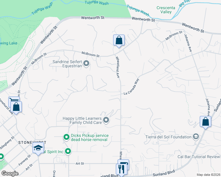 map of restaurants, bars, coffee shops, grocery stores, and more near 10315 Wheatland Avenue in Los Angeles