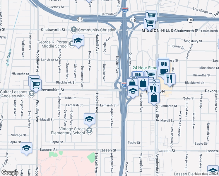 map of restaurants, bars, coffee shops, grocery stores, and more near 15709 Devonshire Street in Los Angeles