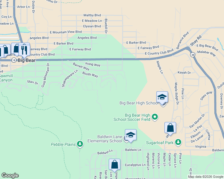 map of restaurants, bars, coffee shops, grocery stores, and more near 576 Marlowe Drive in Big Bear