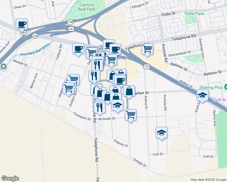 map of restaurants, bars, coffee shops, grocery stores, and more near 4517 Market Street in Ventura