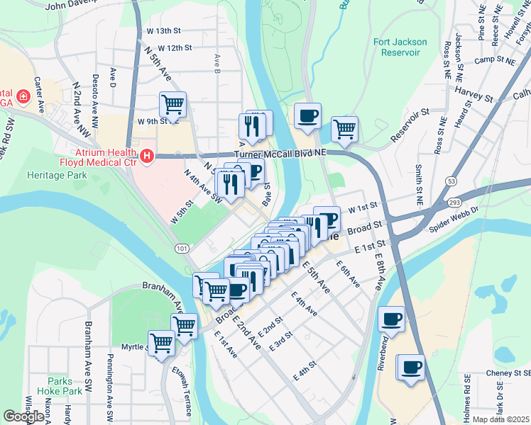map of restaurants, bars, coffee shops, grocery stores, and more near 200 North 4th Avenue Southwest in Rome
