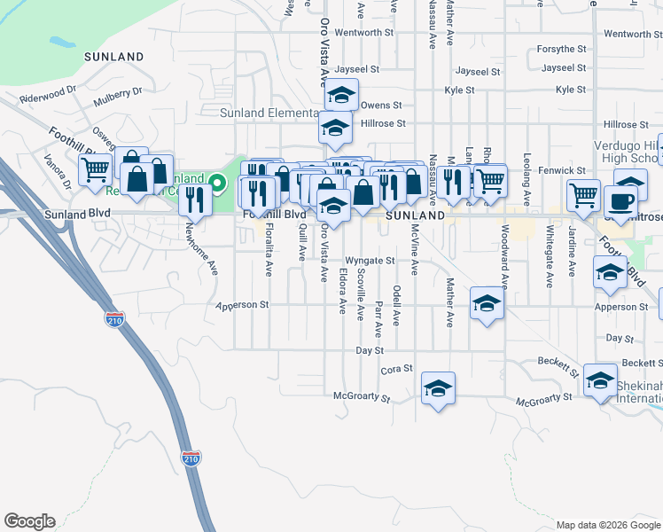 map of restaurants, bars, coffee shops, grocery stores, and more near 10354 Oro Vista Avenue in Los Angeles