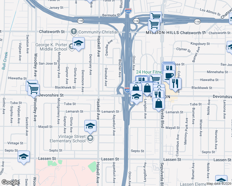 map of restaurants, bars, coffee shops, grocery stores, and more near 15657 Devonshire Street in Los Angeles