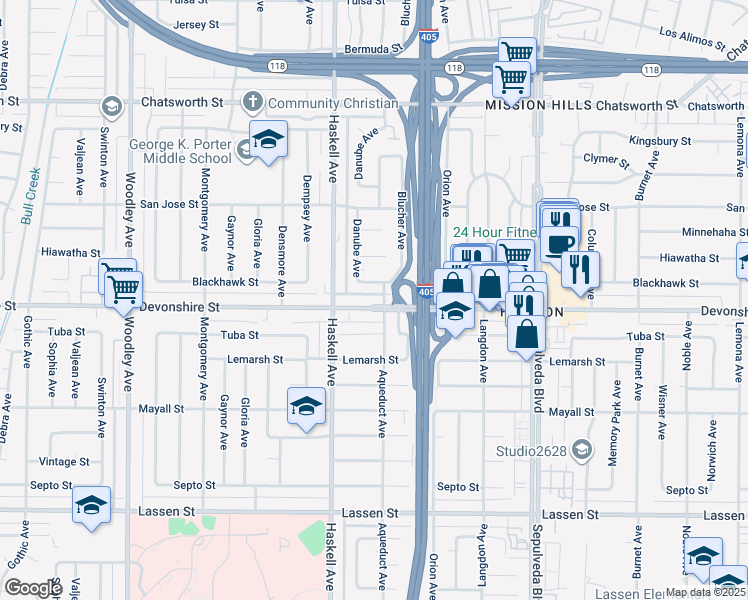 map of restaurants, bars, coffee shops, grocery stores, and more near 15709 Devonshire Street in Los Angeles