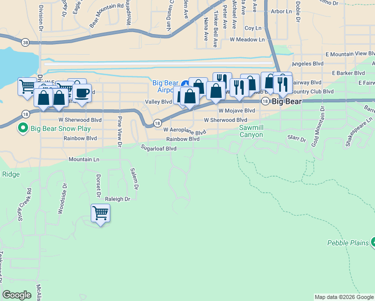 map of restaurants, bars, coffee shops, grocery stores, and more near 510 Sugarloaf Boulevard in Big Bear