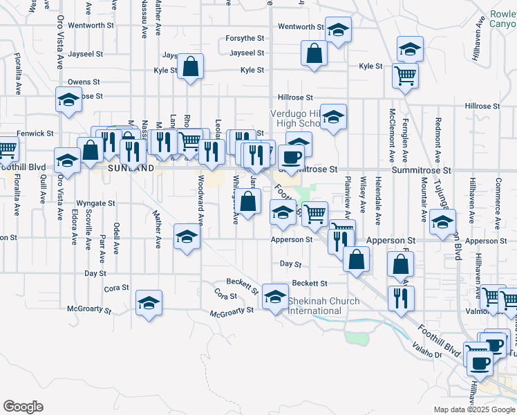 map of restaurants, bars, coffee shops, grocery stores, and more near 10356 Jardine Avenue in Los Angeles