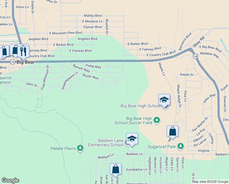 map of restaurants, bars, coffee shops, grocery stores, and more near 576 Marlowe Drive in Big Bear