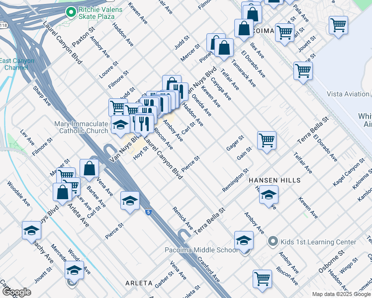map of restaurants, bars, coffee shops, grocery stores, and more near 10315 Amboy Avenue in Los Angeles