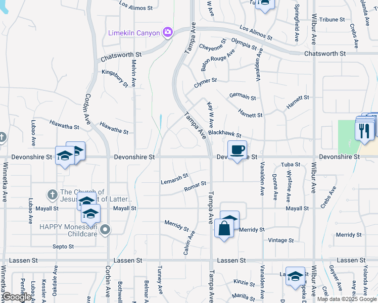 map of restaurants, bars, coffee shops, grocery stores, and more near 19405 Hiawatha Street in Los Angeles
