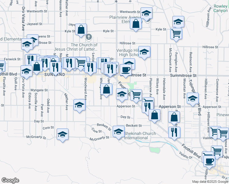 map of restaurants, bars, coffee shops, grocery stores, and more near 10359 Mount Gleason Avenue in Los Angeles