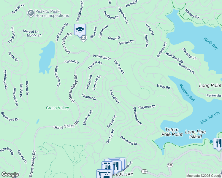 map of restaurants, bars, coffee shops, grocery stores, and more near San Bernardino National Forest in Lake Arrowhead