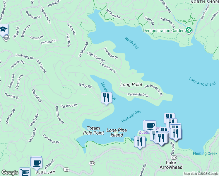 map of restaurants, bars, coffee shops, grocery stores, and more near in Lake Arrowhead