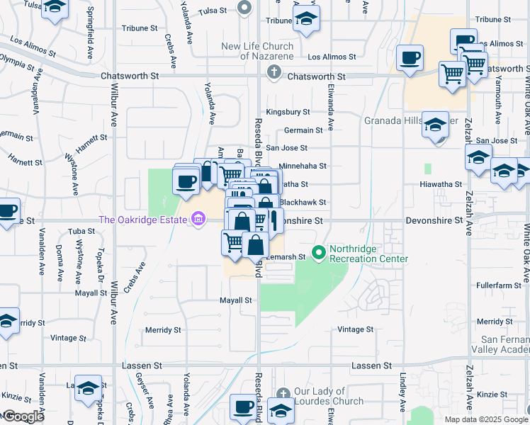 map of restaurants, bars, coffee shops, grocery stores, and more near 18473 Devonshire Street in Los Angeles