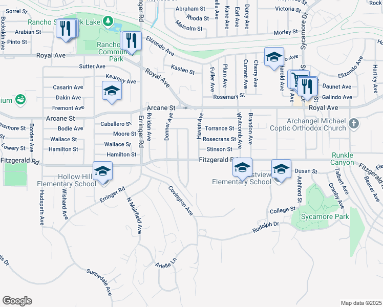 map of restaurants, bars, coffee shops, grocery stores, and more near 2111 Fitzgerald Road in Simi Valley
