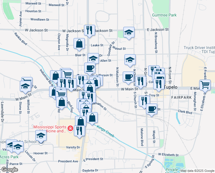 map of restaurants, bars, coffee shops, grocery stores, and more near 641 West Main Street in Tupelo