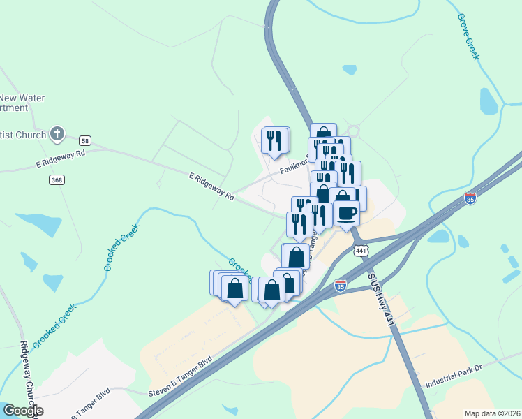 map of restaurants, bars, coffee shops, grocery stores, and more near 259 E Ridgeway Rd in Commerce