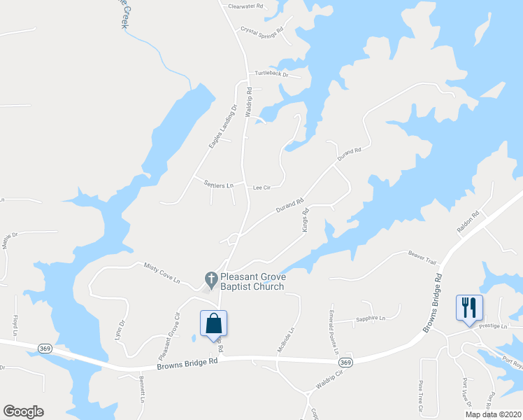 map of restaurants, bars, coffee shops, grocery stores, and more near 9655 Durand Road in Gainesville